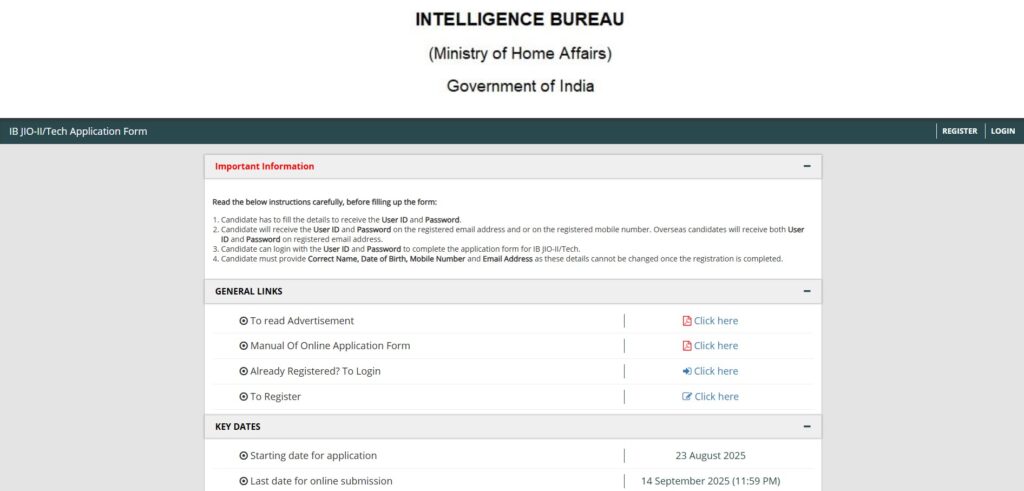 IB Junior Intelligence Officer Recruitment 2025 official notification and online application process